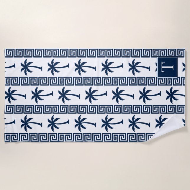 Palm Tree Greek Key Stripe – Navy Coastal Preppy Strandtuch (Vorderseite)