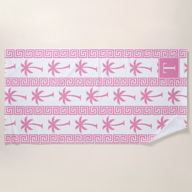 Palm Tree Greek Key Stripe – Pink Coastal Preppy Strandtuch (Vorderseite)