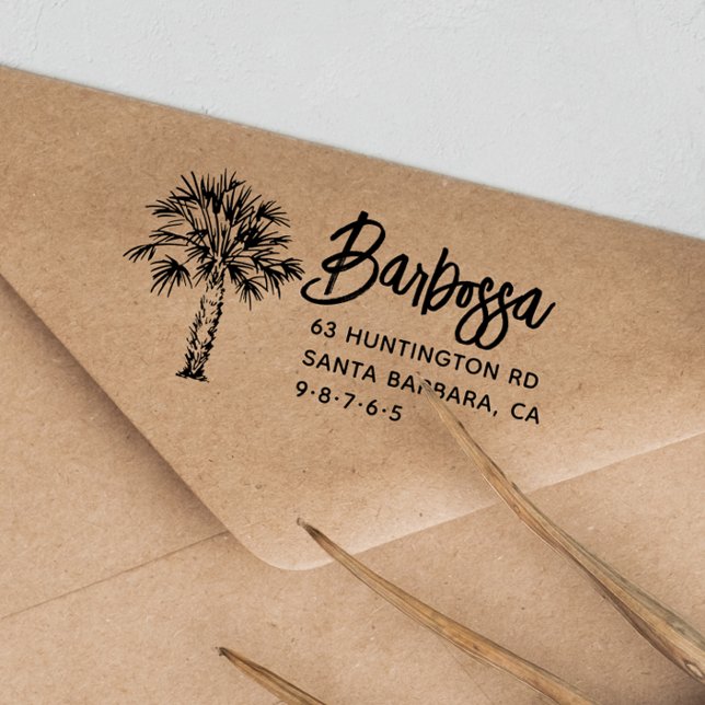 Palm Tree Handwriting Family Name Rücksendeadresse Gummistempel (Palm Tree Handwriting Family Name Return Address Rubber Stamp)