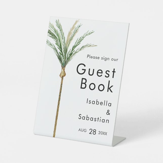 Palm Tree Hochzeit in Urlaubsort Guest Book Sign Sockelschild (Vorderseite)