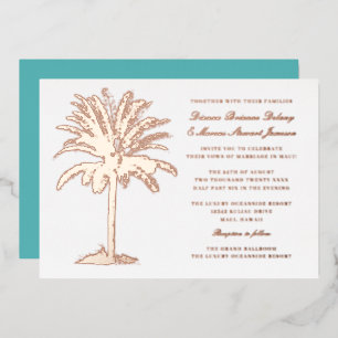 Palm Tree Island Hochzeit in Urlaubsort Rose Gold Folieneinladung