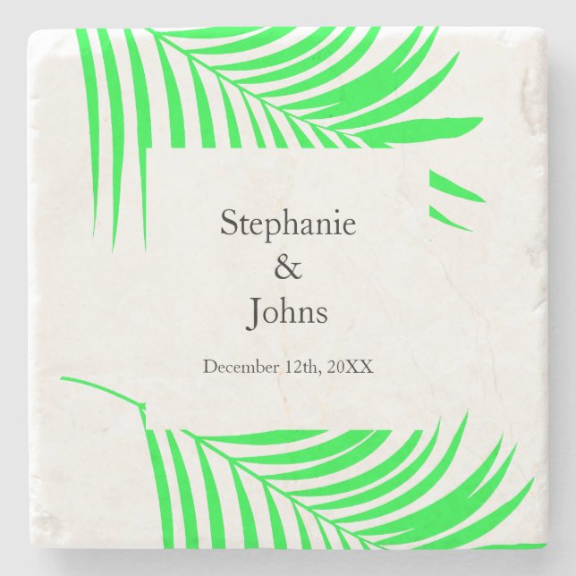 Palm Tree Leaf Green Blätter Elegante Hochzeit Steinuntersetzer (Vorderseite)