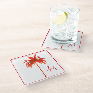 Palm Tree Modern Red Frame Tropical Monogram Glasuntersetzer