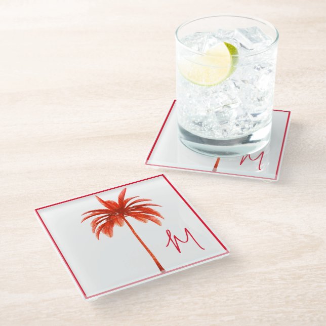Palm Tree Modern Red Frame Tropical Monogram Glasuntersetzer (Schrägansicht)