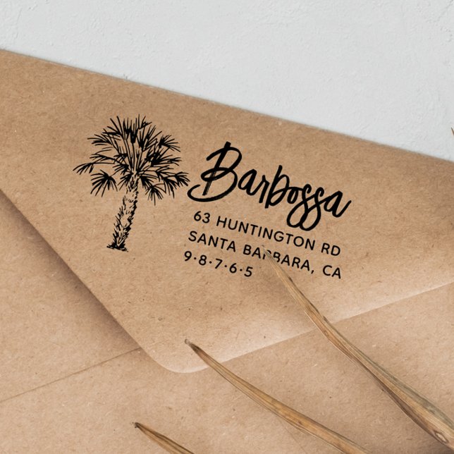 Palm Tree Moderne Script Familienname Rücksendeadr Permastempel (Palm Tree Modern Script Family Name Return Address Self-inking Stamp)