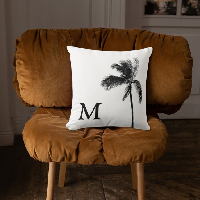 Palm Tree Monogram Black & White Throw Pillow Kissen (Palm Tree Monogram Black & White Throw Pillow)