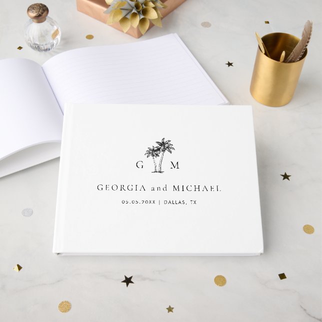 Palm Tree Monogram Elegant Beach Wedding Gästebuch (Vorderseite Offen)