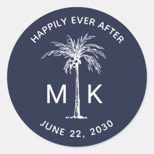 Palm Tree Monogram Navy Blue Tropical Wedding Runder Aufkleber