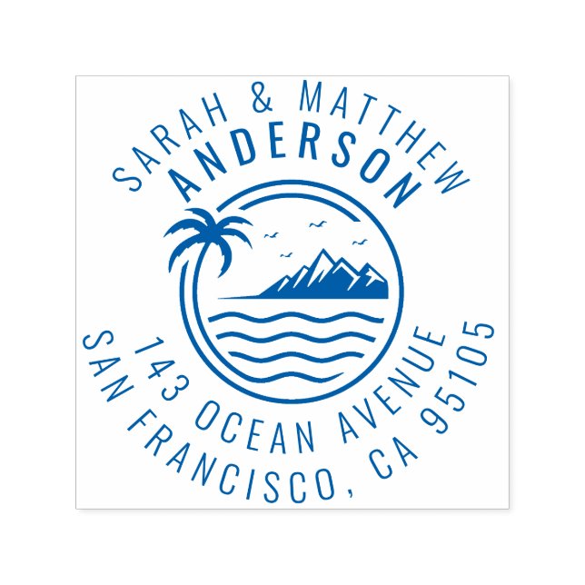 Palm Tree, Mountain & Ocean Verheiratete Sitzadres Permastempel (Design)