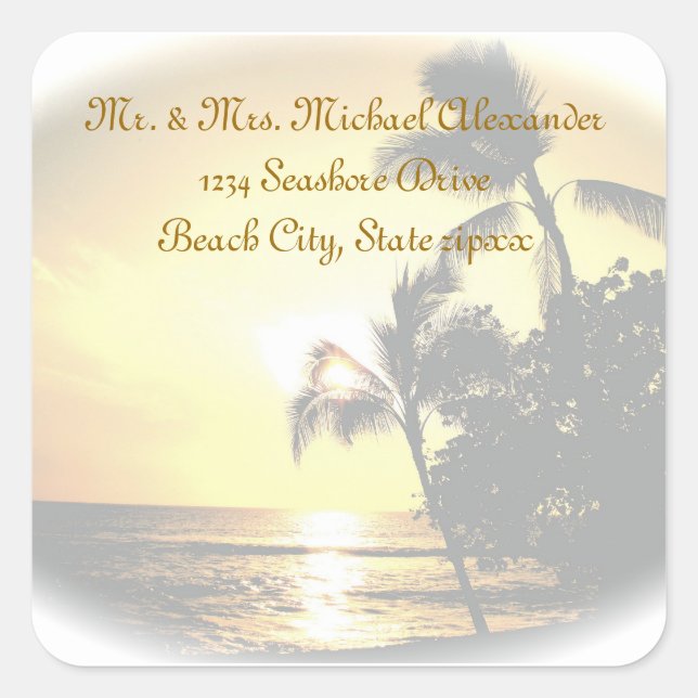 Palm Tree Ocean Sunset Rücksendeadresse Quadratischer Aufkleber (Vorderseite)