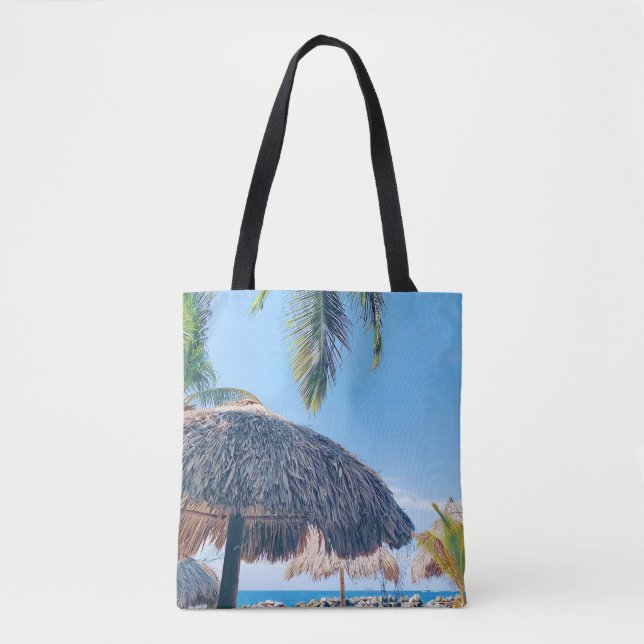 Palm Tree, Palapa & Blue sky am Strand von Curacao Tasche (Vorderseite)