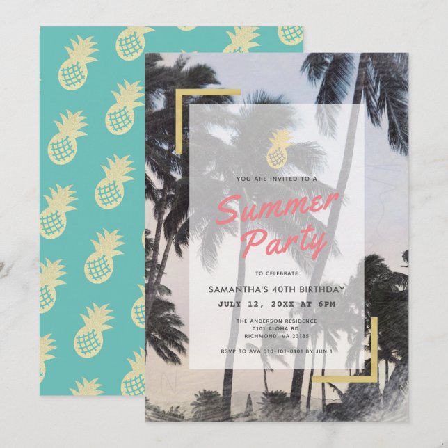 Palm Tree & Pineapa Sommergeburt Party Erwachsene Einladung (Vorne/Hinten)
