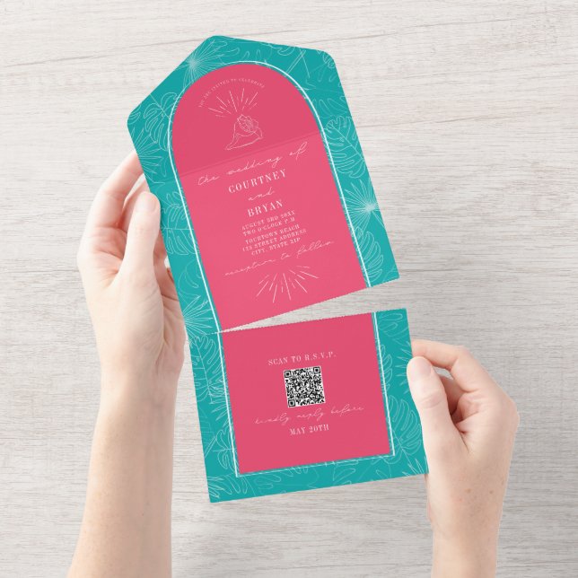 Palm Tree Pink Blue Beach Wedding QR Code UAWG All In One Einladung (Abreißen)