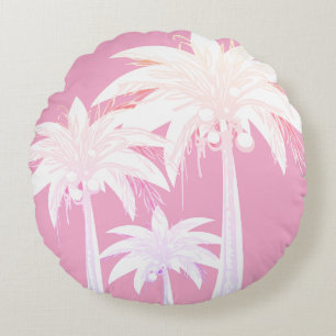 Palm Tree Pink White Tropical Summer Beach House Rundes Kissen