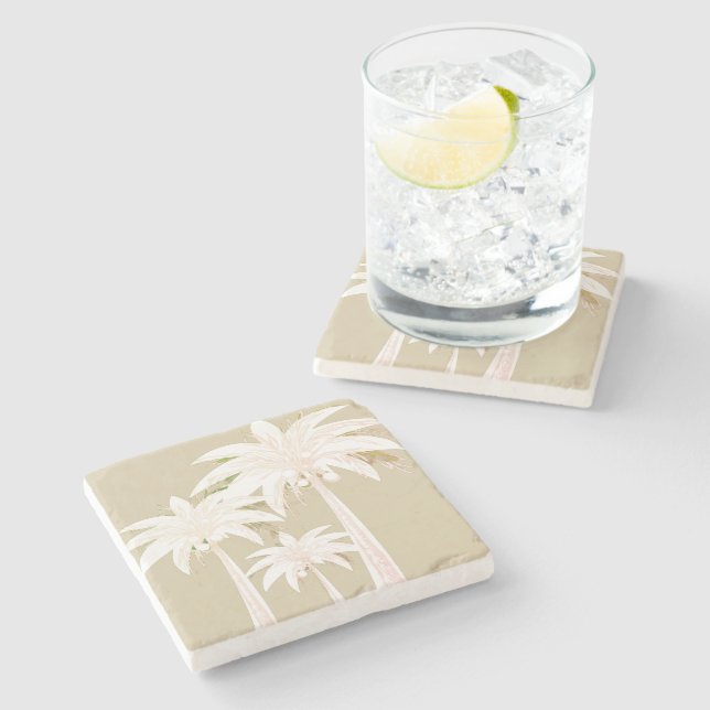 Palm Tree Sand Beige Grün Weiß Moderne Tropisch Steinuntersetzer (Seitenansicht)