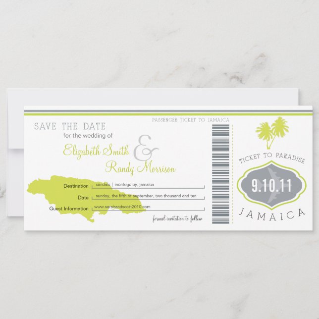 Palm Tree Save the Date Boarding Pass Jamaica (Vorderseite)