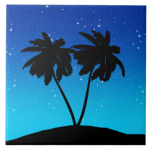 Palm Tree Silhouette auf Abend Blau mit Sternen Fliese
