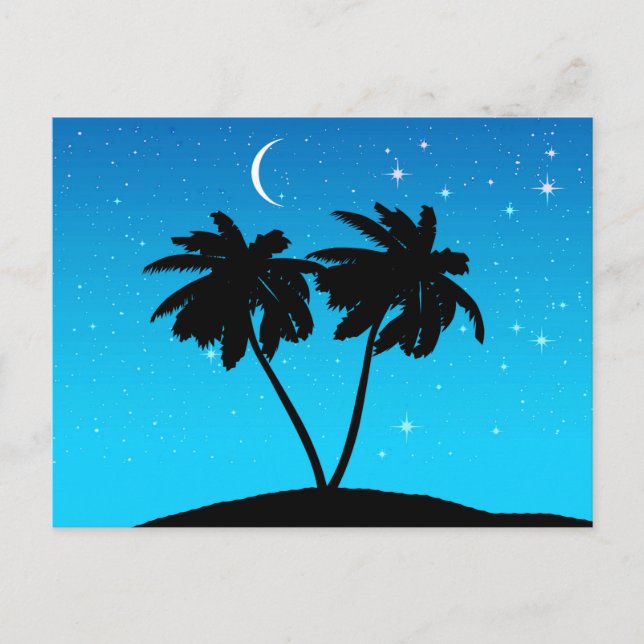 Palm Tree Silhouette gegen Abend Blue Postkarte (Vorderseite)