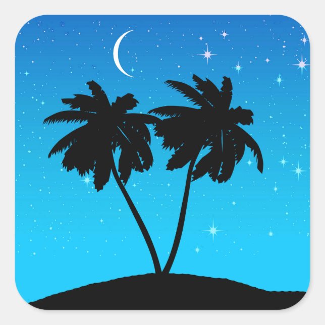 Palm Tree Silhouette gegen Abend Blue Quadratischer Aufkleber (Vorderseite)