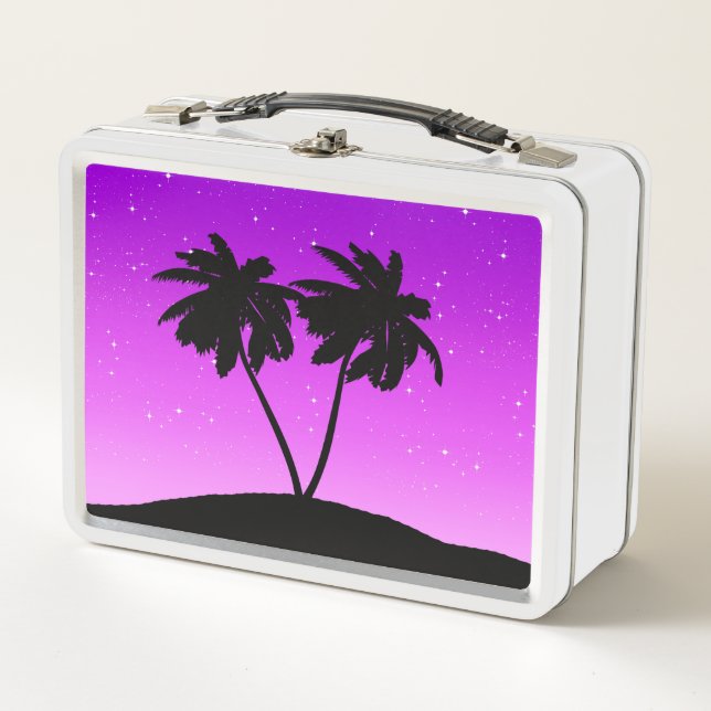 Palm Tree Silhouette gegen Twilight Lila Meta Metall Brotdose (Vorderseite)