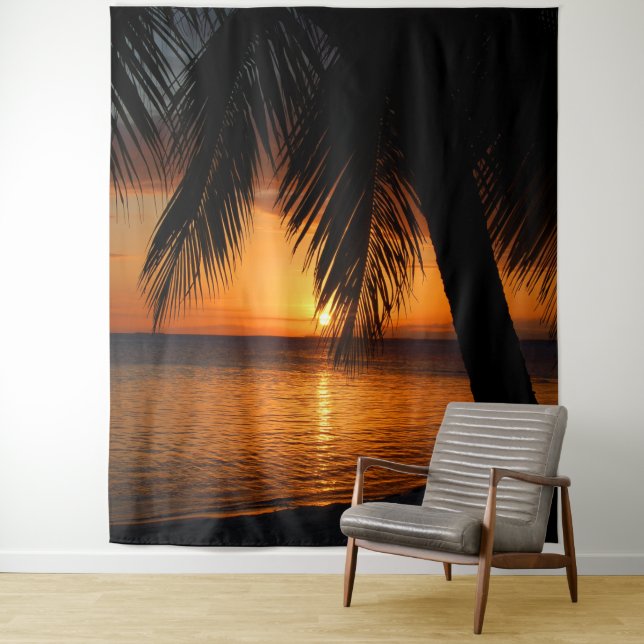 Palm Tree Silhouette Orange Tropical Sunset Backdr Wandteppich (Beispiel)
