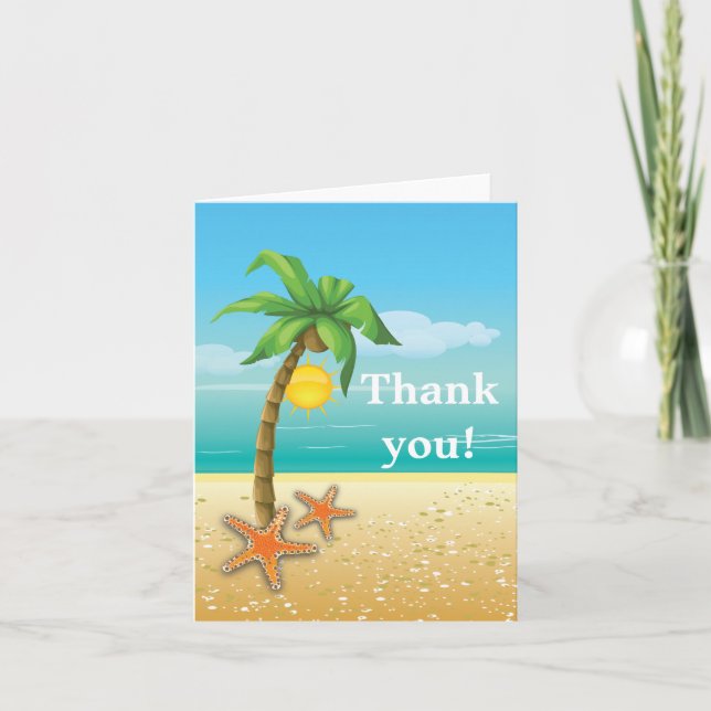 Palm tree & starfish beach wedding Thank You Dankeskarte (Vorderseite)