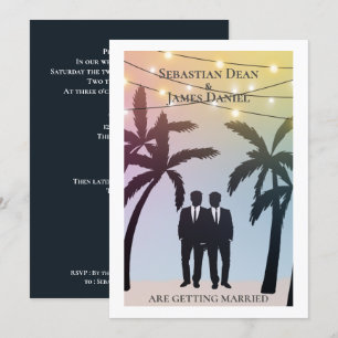 Palm Tree String Lights Two Groom Gay Wedding Einladung