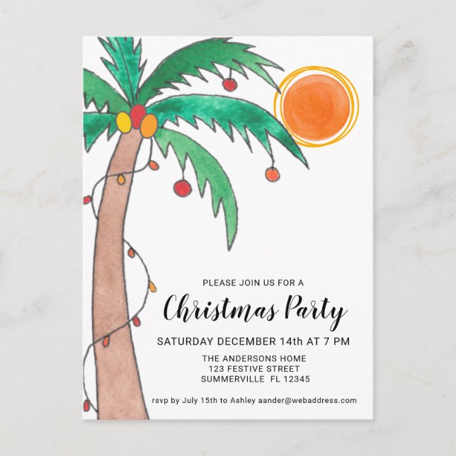 Palm Tree Sun Weihnachts-Party Einladungspostkarte (Vorderseite)