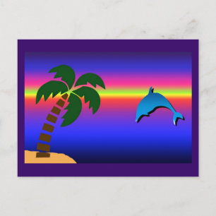 Palm Tree Sunset and Dolphin Postcard Postkarte