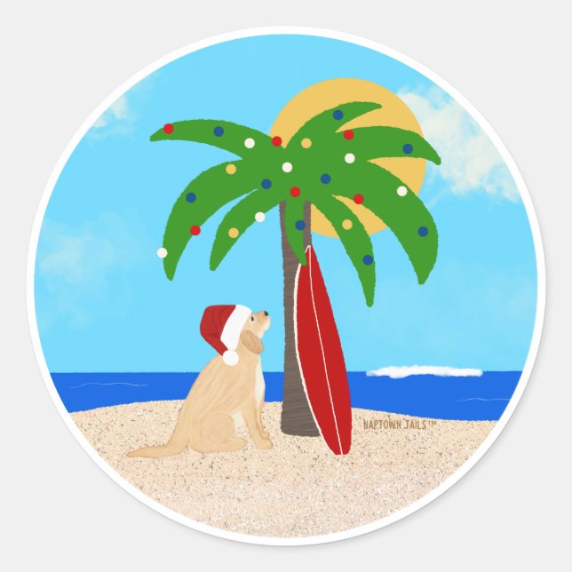 Palm Tree Surf Board Santa Dog Weihnachtskleber Runder Aufkleber (Vorderseite)