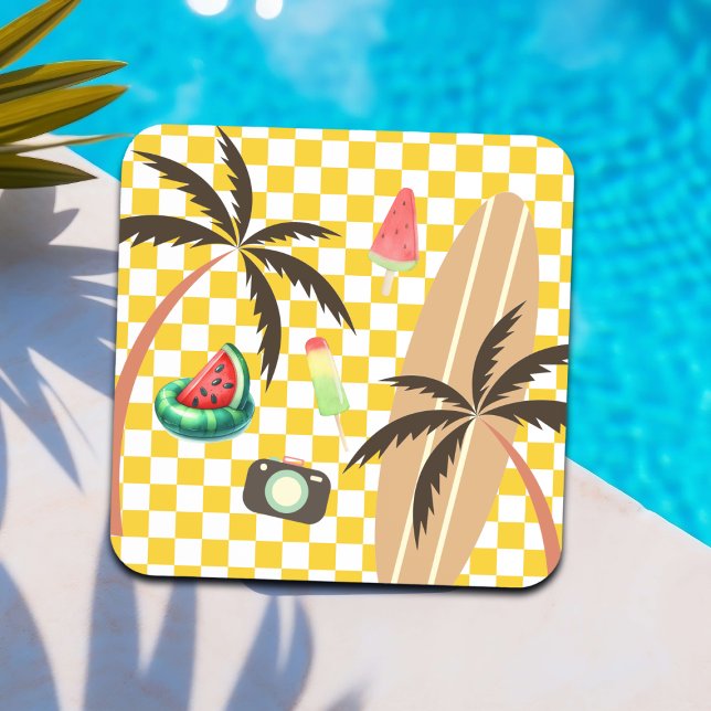 Palm Tree Surfboard Checkered Summer Getränkeuntersetzer (Von Creator hochgeladen)