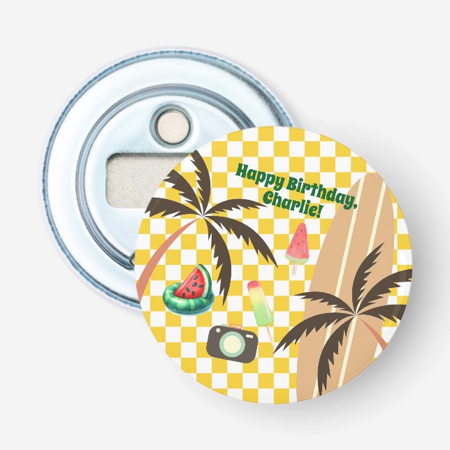 Palm Tree Surfboard Checkered Summer Party Flaschenöffner (Vorderseite)