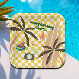 Palm Tree Surfboard Checkered Summer Party Pappteller
