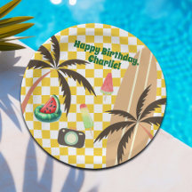 Palm Tree Surfboard Checkered Summer Party