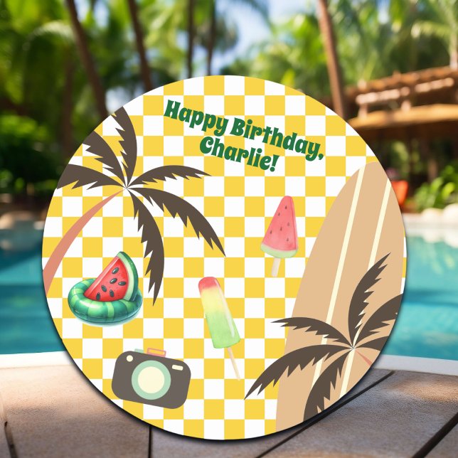 Palm Tree Surfboard Checkered Summer Party Runder Aufkleber (Von Creator hochgeladen)