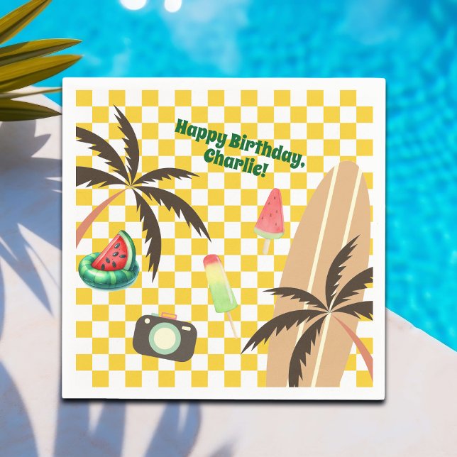 Palm Tree Surfboard Checkered Summer Party Serviette (Von Creator hochgeladen)