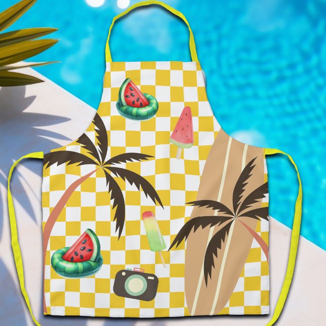 Palm Tree Surfboard Checkered Summer Schürze (Von Creator hochgeladen)