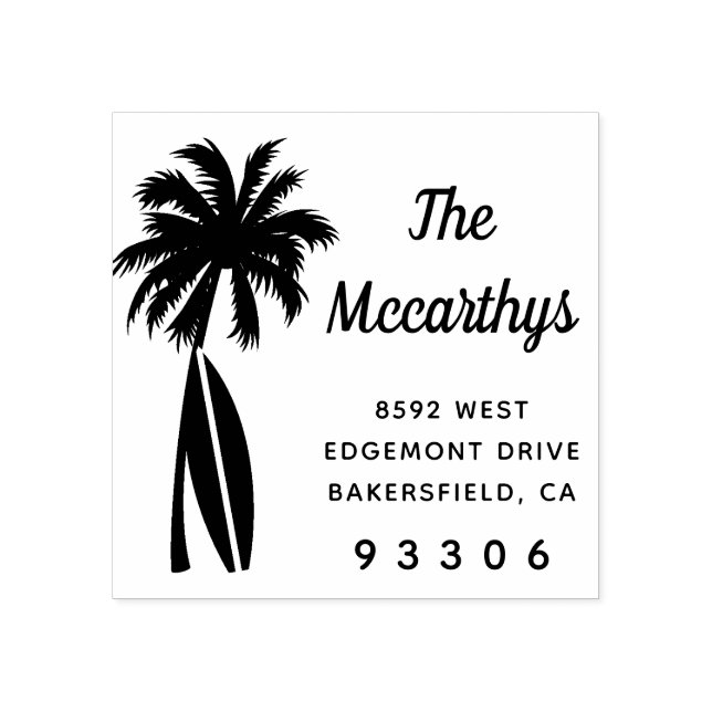 Palm Tree Surfboard Familienname Rücksendeadresse Gummistempel (Prägung)