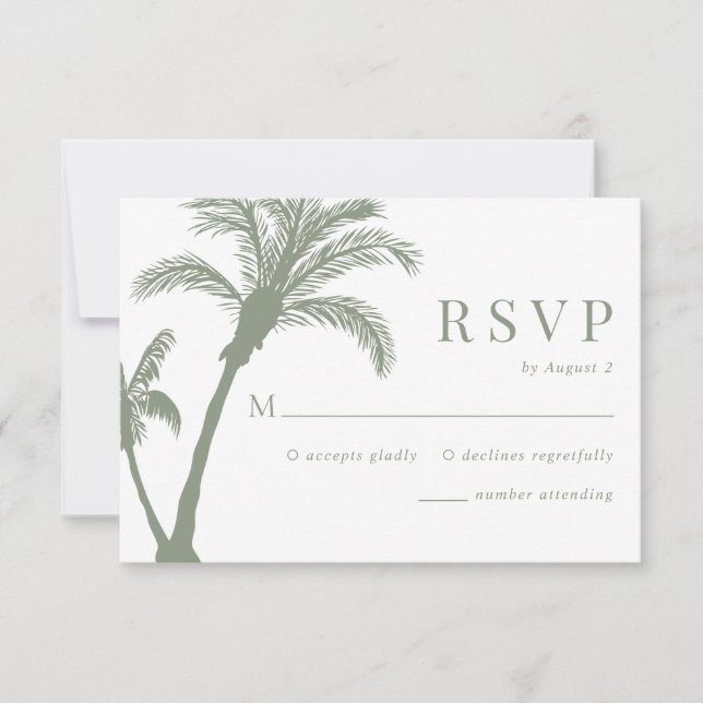 Palm Tree Tropical Beach Sage Green Wedding RSVP Karte (Vorderseite)