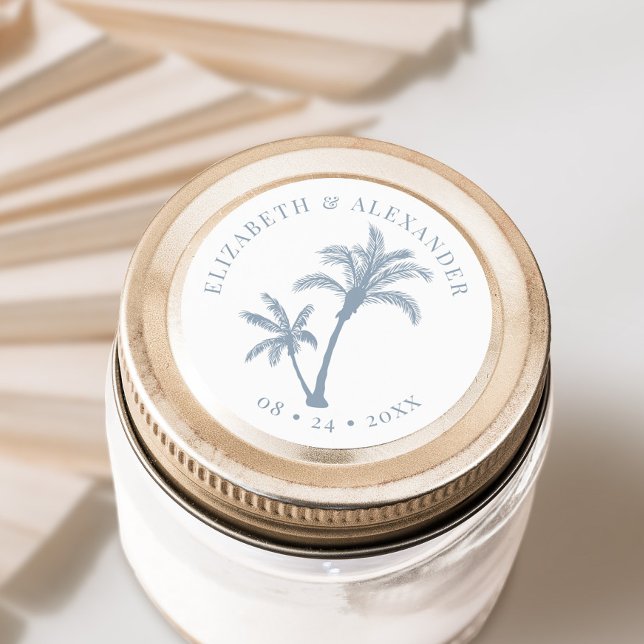 Palm Tree Tropical Beach Wedding Dusty Blue Runder Aufkleber (Von Creator hochgeladen)