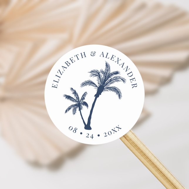 Palm Tree Tropical Beach Wedding Navy Blue Runder Aufkleber (Von Creator hochgeladen)