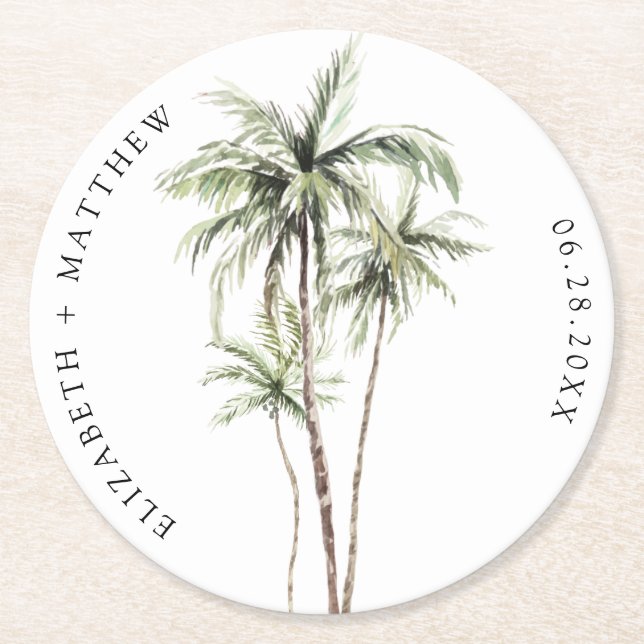 Palm Tree Tropical | Minimale Hochzeit Runder Pappuntersetzer (Vorderseite)