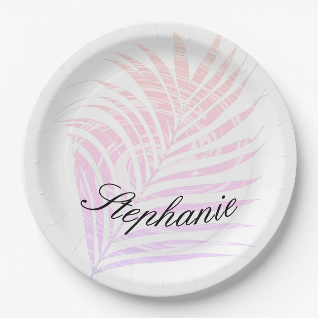 Palm Tree Tropical Pink Patterns Individuelle Name Pappteller (Vorderseite)