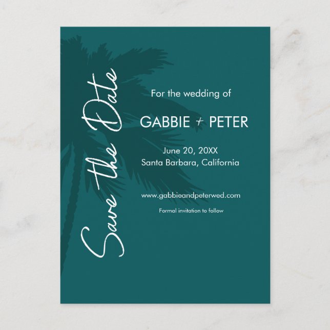 Palm Tree Typografie Moderne, Save the Date Aquama Postkarte (Vorderseite)