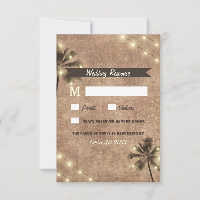 Palm Tree Vintag Lights Beach Wedding RSVP Cards (Vorderseite)