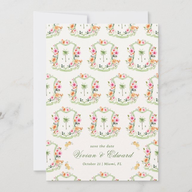 Palm Tree Wappen Monogram Summer Boho Beach Weddin Save The Date (Vorderseite)