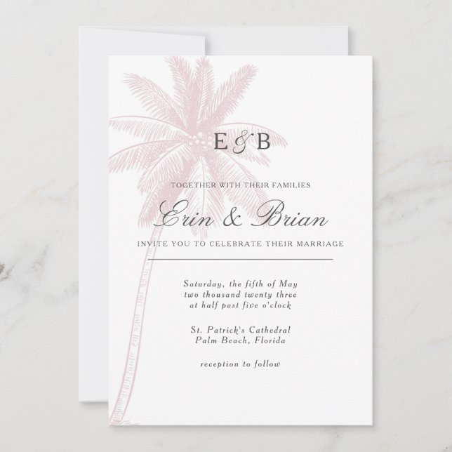 Palm Tree Wedding Invitation Pink Blush Vintage Einladung (Vorderseite)