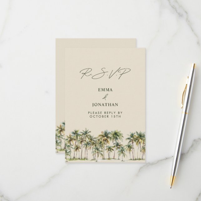 Palm Tree Wedding RSVP Tropical Destination coast Karte (Vorderseite/Rückseite Beispiel)