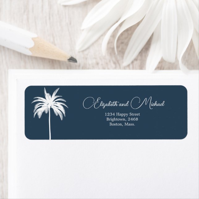 Palm Tree White Blue Elegante Modern Script Label (Insitu)