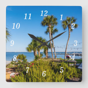 Palm Trees Bayside Morning Wall Clock Quadratische Wanduhr